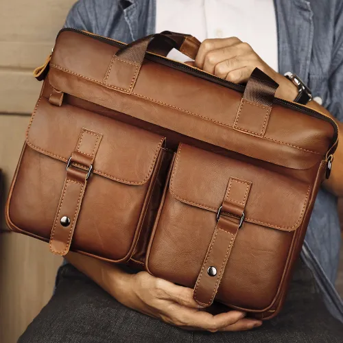 Genuine Leather Business Men's Briefcase –  Cowhide Laptop Bag with Shoulder Strap
